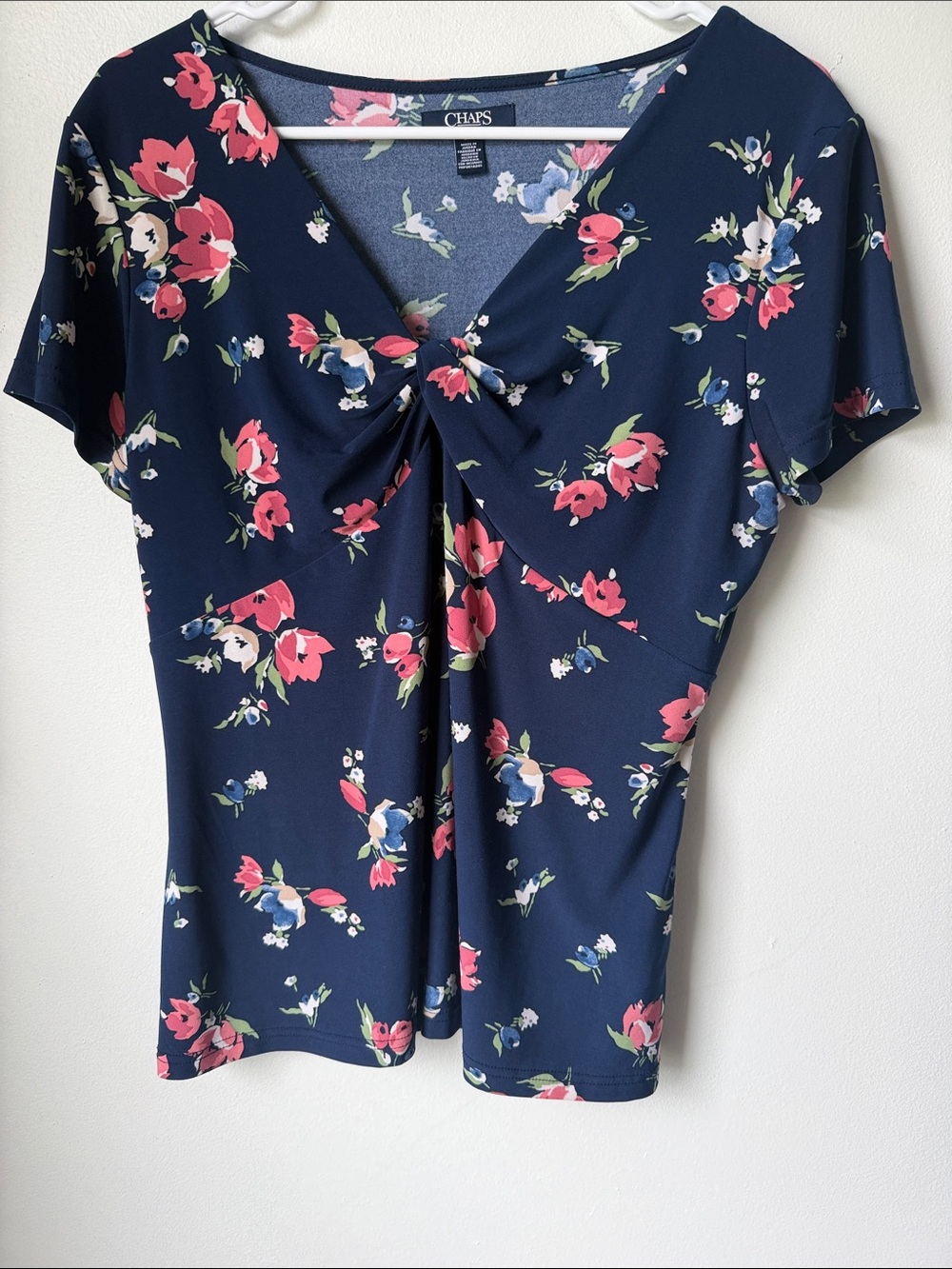 Chaps Navy Floral Twist-Front Short Sleeve Top
